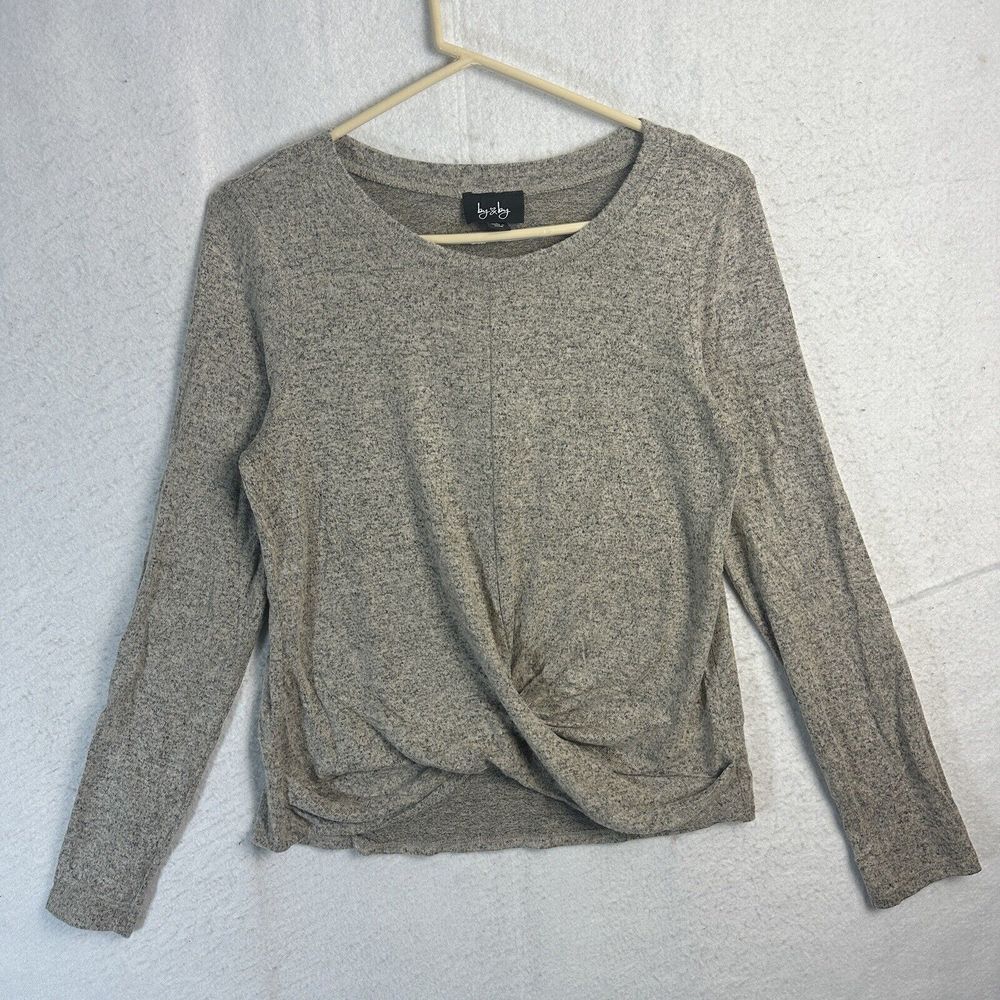 by&by Top Women's Twist Front Large Brown Long Sleeve Crew Neck Rayon Strech